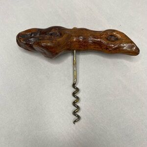 Hand-Carved Wooden Handle Corkscrew - Brown Wood